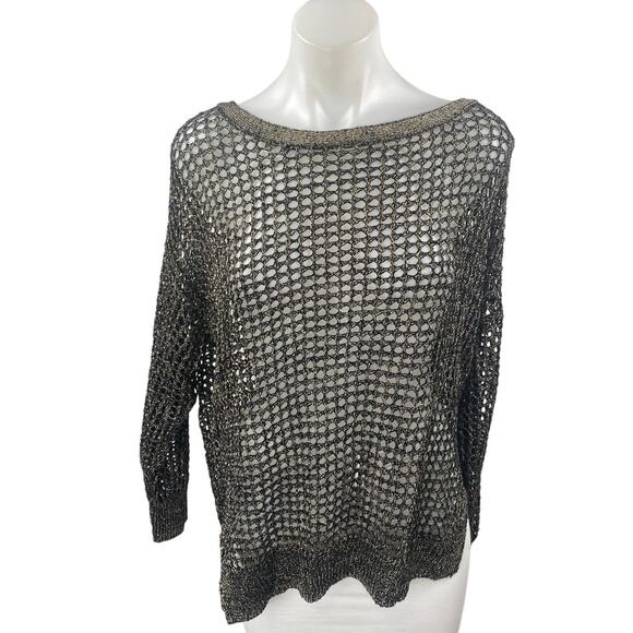 Kenneth Cole Women's Black Metallic Open Knit Long Sleeve Cover Up Sweater Top L - Picture 1 of 3